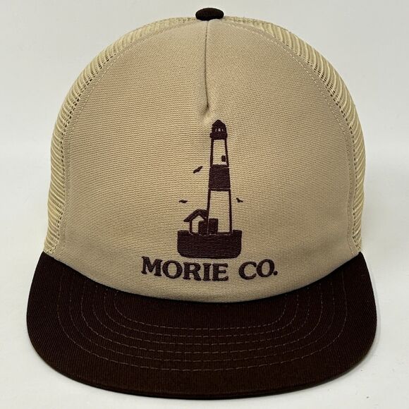 Vintage 80s The Morie Company Trucker Hat Baseball Cap Lighthouse Snapback Beige - Picture 1 of 8
